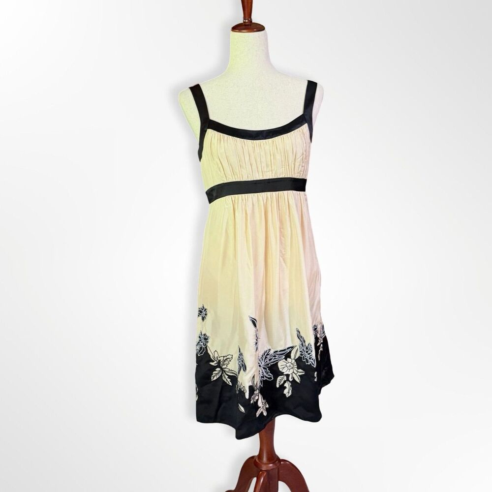 BCBGMaxazria, Vtg Y2K 100% Silk Cream Black Babydoll Dress, 8 Whimsigoth